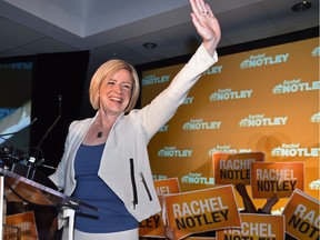 Premier-elect Rachel Notley waves to supporters at the NDP election night headquarters in the Westin Hotel in Edmonton on May 5, 2015.
