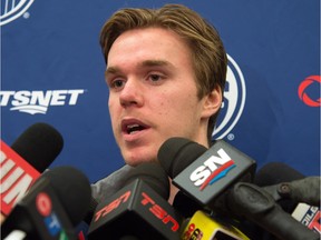 Connor McDavid speaks at the Edmonton Oilers practice in Edmonton on Nov. 16, 2015.