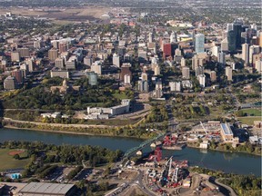 An aerial view of downtown Edmonton with the North Saskatchewan River in Edmonton.