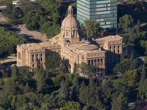 An aerial view of the Alberta Legislature building.