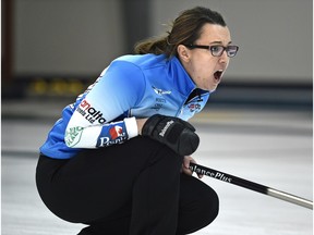Val Sweeting shouts directions to her sweepers during the women's final of the HDF Insurance Shoot-Out bonspiel at the Saville Community Sports Centre on Sept. 20, 2015.