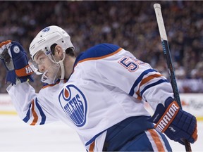 Edmonton Oilers centre Mark Letestu celebrates his goal against the Vancouver Canucks in an NHL game at Vancouver on Dec. 26, 2015.