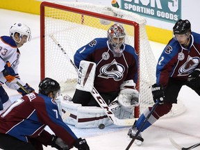 Goalie Semyon Varlamov of the Colorado Avalanche makes a save against the Edmonton Oilers at Pepsi Center on Dec. 19, 2015 in Denver. The Avalanche defeated the Oilers 5-1.