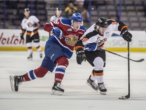 Edmonton Oil Kings defenceman Anatolii Elizarov takes a run at Ryan Jevne of the Medicine Hat Tigers in a Western Hockey League game at Rexall Place on Dec. 15, 2015.
