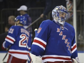 New York Rangers goalie Henrik Lundqvist (30) reacts in this 2014 photo after Edmonton Oilers' Teddy Purcell scored an empty-net goal during the third period at Madison Square Garden on Nov. 9, 2014.