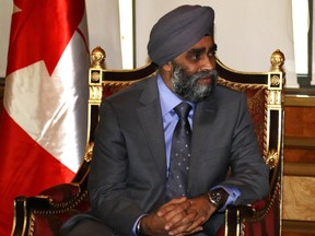 Canadian Minister of National Defence Harjit Sajjan looks on during his meeting with Iraqi Kurdish leader Massud Barzani in Arbil, the capital of the Kurdish autonomous region in northern Iraq, on Dec. 21, 2015.