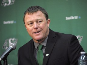 The new head coach and general manager of the Saskatchewan Roughriders Chris Jones speaks during a press conference at Mosaic Stadium in Regina on Monday December 7, 2015. Jones recently led the Edmonton Eskimos to a Grey Cup victory.