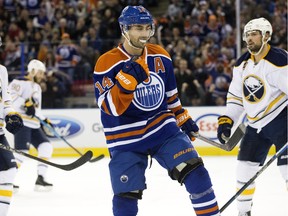 The Edmonton Oilers' Jordan Eberle celebrates a goal against the Buffalo Sabres during an NHL game at Rexall Place on Dec. 6, 2015.