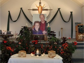 The display at the front of St. Albert Catholic Church for a 2011 memorial service for Lyle and Marie McCann.