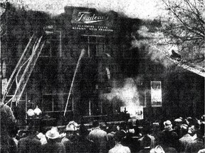 Trudeau's dry-cleaning plant on 104th Street south of Jasper Avenue  burns down in 1957.