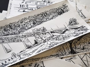Ink drawings of early Edmonton by Amanda Schutz, before being colourized for Rutherford the Time-Traveling Moose, a new children's book showcasing Edmonton history, with a story written by Thomas Wharton. The book was commissioned by the Friends of Rutherford House Society.