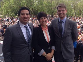 Ricardo Miranda, Estefania Cortes-Vargas and Michael Connolly at the swearing in of the Alberta NDP.