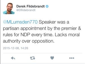 UPLOADED BY: Mariam Ibrahim ::: EMAIL: mibrahim:: PHONE: 780-429-5324 ::: CREDIT: Twitter ::: CAPTION: Wildrose MLA Derek Fildebrandt was forced Thursday to apologize to Speaker Bob Wanner after sending an inappropriate tweet.