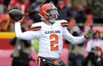 FILE - In this Dec. 27, 2015, file photo, Cleveland Browns quarterback Johnny Manziel (2) throws during the first half of an NFL football game against the Kansas City Chiefs in Kansas City, Mo. Manziel had a second straight troubling season with Cleveland, one that included him being benched for misbehavior off the field. Browns owner Jimmy Haslam Haslam said Manziel made “undeniable” progress as a starter, but the 2012 Heisman Trophy winner’s commitment remains a major question mark. (AP Photo/