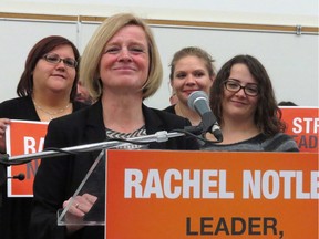 Alberta Premier Rachel Notley speaks to party members at MacEwan University, in Edmonton, on Saturday, Dec. 12, 2015. Notley said her government made mistakes communicating the details of its controversial farm-safety bill, but said the intent is ultimately what matters. The bill, passed by Notley's NDP government this week, delivers health and safety and workers' compensation benefits to all paid farm workers.