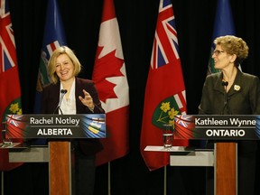 Alberta Premier Rachel Notley visits Ontario Premier Kathleen Wynne on Friday at Queen's Park.