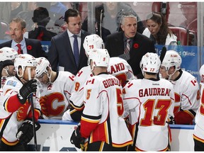 Calgary Flames ead coach Bob Hartley directs the players during a break in action against the Florida Panthers at the BB&T Center on Nov. 10, 2015, in Sunrise, Fla.