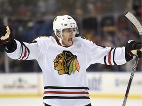 Patrick Kane of the Chicago Blackhawks celebrates after scoring a goal against the Buffalo Sabres at the First Niagara Center in Buffalo on Dec. 19, 2015.