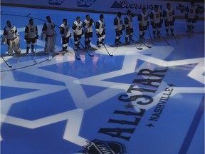 Eastern Conference players line up after being introduced before the NHL All-Star Game on Sunday in Nashville.