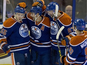 The Oilers celebrate a goal during Saturday's 4-3 NHL victory over the Arizona Coyotes in Edmonton. The Oilers will ice the same lineup against the Carolina Hurricanes on Monday, Jan. 5, 2016.