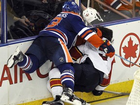 Edmonton Oilers' Matt Hendricks was suspended three games by the NHL for this hit along the boards on Florida Panthers' Aaron Ekblad at Rexall Place January 10, 2016.