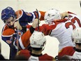 Florida Panthers' Nick Bjugstad (right) and Edmonton Oilers' Eric Gryba fight during a game at Rexall Place on Jan. 10, 2016.