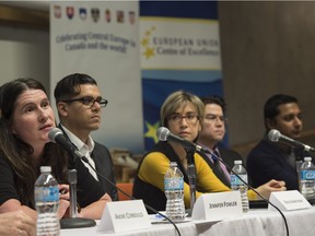 Jennifer Fowler, left, director of Multicultural Relations for the City of Edmonton, speaks to the crowd at the University of Alberta. The Kule Institute for Advanced Study hosted a moderated, public round table on Canada's role in shaping responses to the global Syrian refugee crisis on Wednesday, Jan. 20, 2016.