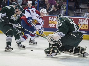 Edmonton Oil Kings' Dario Meyer fires a shoot wide of goalie Brandon Ralph of the Everett Silvertips during Western Hockey League action at Rexall Place on Friday, Jan. 22.