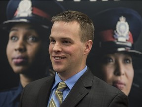 Recruit Const. Andrew Fahlman from Recruit Training Class 133 graduates this Friday. Edmonton Police Service is looking to fill 160 positions in 2016 and is reaching out to unemployed skilled workers.