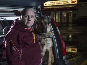 Sgt. Jeffrey Yetman says he and his four-year-old service dog Diego are not permitted to visit the Military Fitness Centre at Edmonton Garrison. Diego has a calming effect on Yetman who is dealing with PTSD.