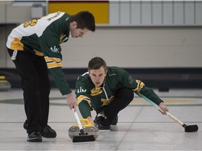 Karsten Sturmay delivers a rock in his last practice at the Saville Centre on Dec. 31 before leaving for Wainwright to try to repeat as the Alberta junior men's curling champion. The eight-team single round-robin competition starts Saturday.