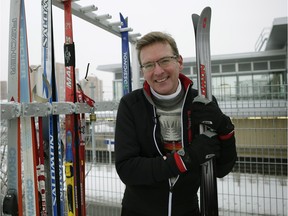Don Darnell, Ski2LRT board member, at the locking ski rack located on the west side of the Century Park LRT station in southwest Edmonton.