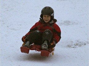Six-year-old Tripp Lipscombe picks up some serious speed down a hill at Rundle Park.