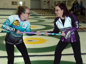 The Kaufman sisters, Jessie (left) and Nicky, who will both be skipping teams in the Alberta women's curling championship in Calgary ham it up at the Saville Community Sports Centre in Edmonton on Jan. 15, 2016.