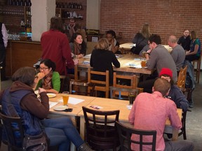 Creative Edmontonians hoping to win a grant attend an ideas session for Make Something Edmonton at the Yellowhead Brewery in Edmonton on Jan. 18, 2016.