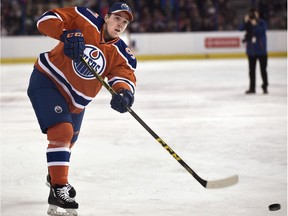 Connor McDavid takes a shot in the accuracy event during the Edmonton Oilers Skills Competition at Rexall Place on Jan. 24, 2016. McDavid will practise with the AHL's Bakersfield Condors this week in anticipation of a return to the Oilers lineup on Feb. 2.