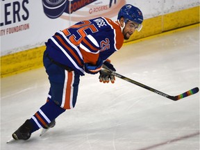 Darnell Nurse in the fastest skater backwards event at the Oilers Skills Competition at Rexall Place in Edmonton, January 24, 2016. This provides fans the opportunity to watch as their Oilers go head-to-head in competitions for fastest skater, accuracy, hardest shot, puck control relay, 3-on-3 and king of the shootout.