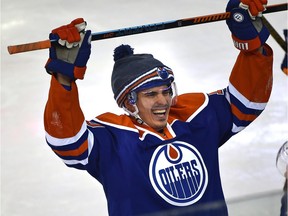 Nail Yakupov celebrates at the Oilers Skills Competition at Rexall Place in Edmonton, January 24, 2016.