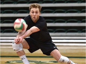 Edmonton's Blair Bann practises with Canada's men's volleyball team on Jan. 5, 2016, in preparation for an Olympic Games qualifying tournament this weekend at the Saville Community Sports Centre.