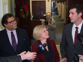 Calgary Mayor Naheed Nenshi, left, with Premier Rachel Notley and Edmonton Mayor Don Iveson: the province is more progressive than its widely-accepted reputation, writes Duncan Kinney.