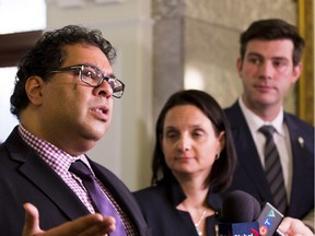 Naheed Nenshi, Mayor of Calgary, Danielle Larivee Minister of Municipal Affairs and Minister of Service Alberta and Don Iveson Mayor of Edmonton speak to the media at the legislature Tuesday, after meeting with the provincial cabinet to talk about city charters.