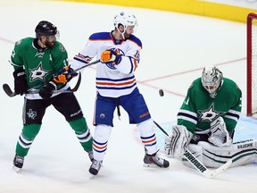 Antti Niemi of the Dallas Stars makes a save in front of Teddy Purcell  of the Edmonton Oilers in the third period at American Airlines Center on Jan. 21, 2016 in Dallas, Texas.