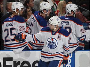 SUNRISE, FL - JANUARY 18: Jordan Eberle #14 of the Edmonton Oilers is congratulated by teammates after scoring a first period goal against the Florida Panthers at the BB&T Center on January 18, 2016 in Sunrise, Florida.