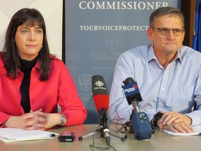 Jill Clayton, Alberta's Information and Privacy Commissioner, and Peter Hourihan, Alberta's Public Interest Commissioner, speak to reporters Thursday Jan. 7, 2016, following the release of their joint report into document shredding at the Alberta government. The report found widespread confusion, no control, and no oversight over what gets shredded -- and no penalties for improper shredding.