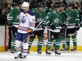 Edmonton right-winger Jordan Ebrle (14) skates back to the bench after a goal by Dallas Stars defenceman Jyrki Jokipakka during the Stars' 3-2 NHL win over the Oilers in Dallas on Thursday, Jan. 21, 2016.