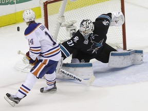 Edmonton Oilers forward Jordan Eberle misses scoring during a shootout against the Sharks in San Jose, Calif., on Jan. 14, 2016.