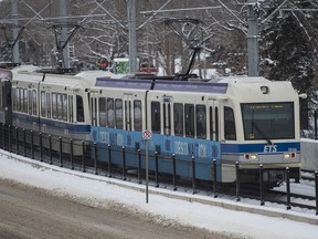An LRT train runs down the Metro Line in Edmonton.