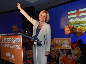 Premier-elect Rachel Notley waves to supporters at the NDP election night headquarters in the Westin Hotel in Edmonton on May 5, 2015.