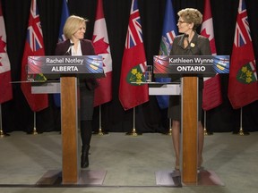 Ontario Premier Kathleen Wynne, right, and Alberta Premier Rachel Notley take part in a joint press conference following their meetingat the Queens Park Legislature, in Toronto, on Friday, Jan. 22, 2016. there has been some progress in getting to a national 'yes' on the Energy East pipeline.