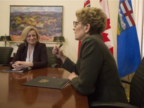 Ontario Premier Kathleen Wynne, right, meets with Alberta Premier Rachel Notley at the Ontario legislature in Toronto on Friday, Jan. 22.